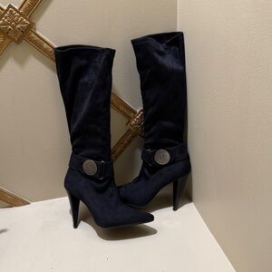 BCBG Black Suede Heeled Boots with Buckle Detail